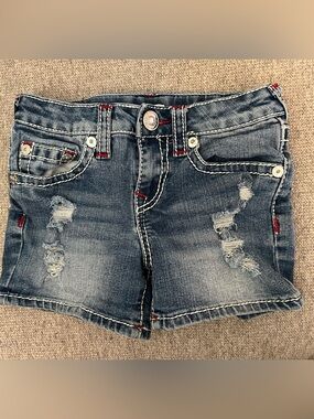 True Religion Distressed Blue Denim Shorts with Red Accents